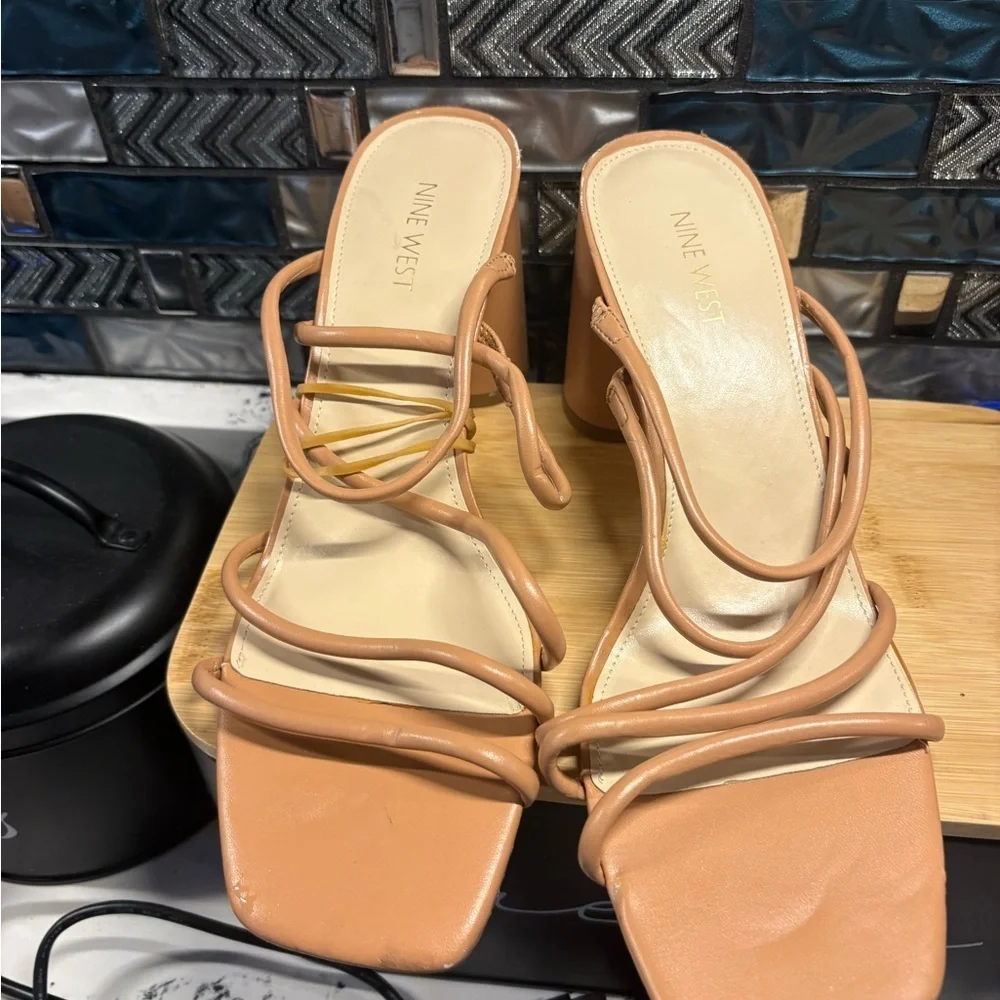 Nine West Strappy Block Heel Sandals in Light Tan